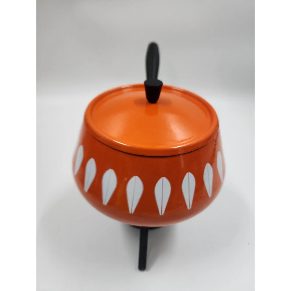 Cathrineholm Lotus Fondue Set Orange White Enamel Mid Century Modern Norway MCM